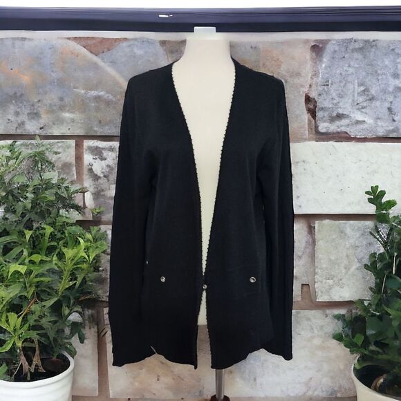 Carducci Cardigan XL Sweater Black Rib Knit Long Sleeve Beaded Neckline Grommets - Picture 1 of 16